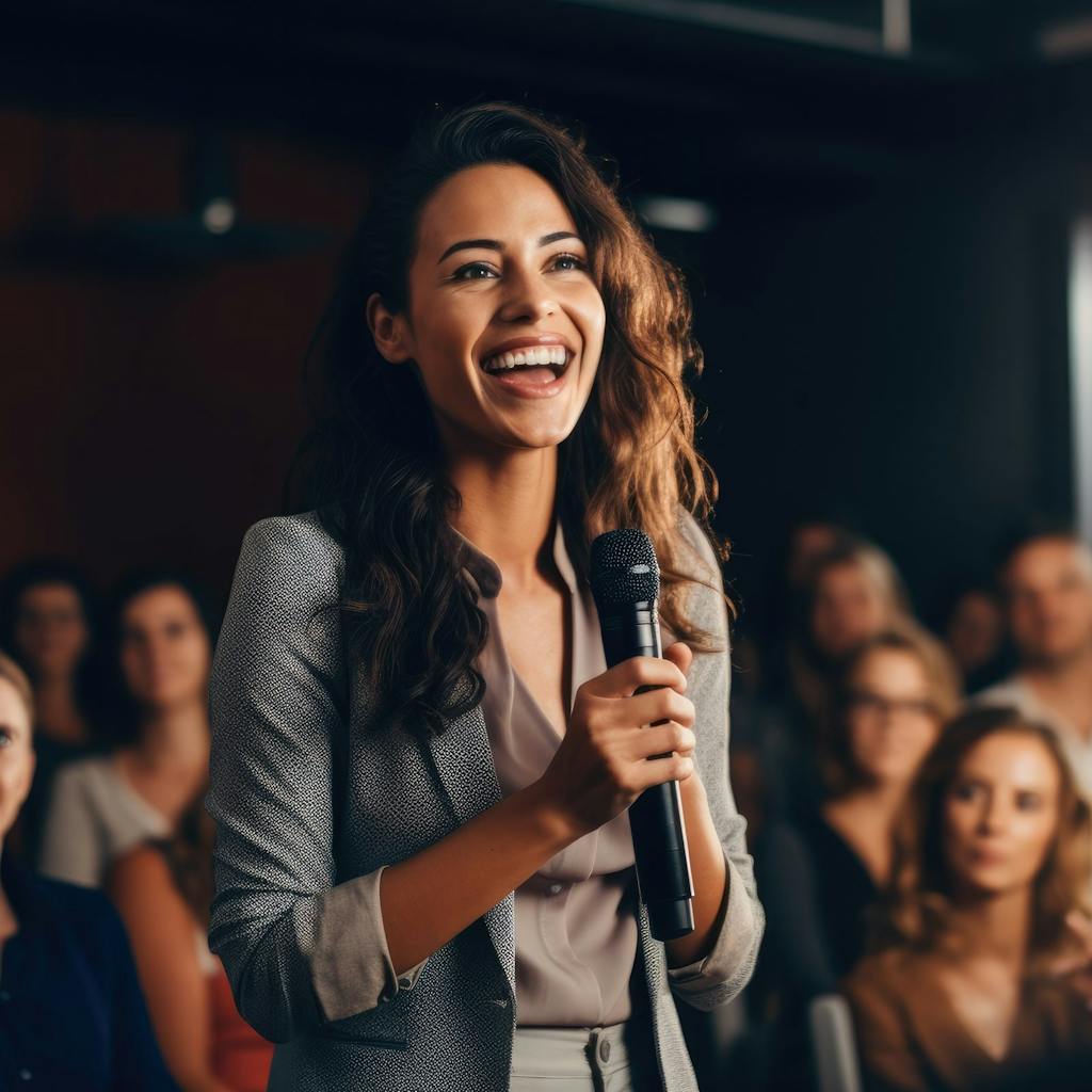 Female audience member with a microphone presenting