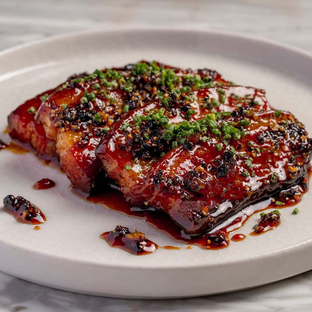 Glazed pastrami bacon from High Steaks Vegas, a modern steakhouse set to debut in October 2025 atop the Masquerade Tower of the Rio near the Las Vegas Strip.