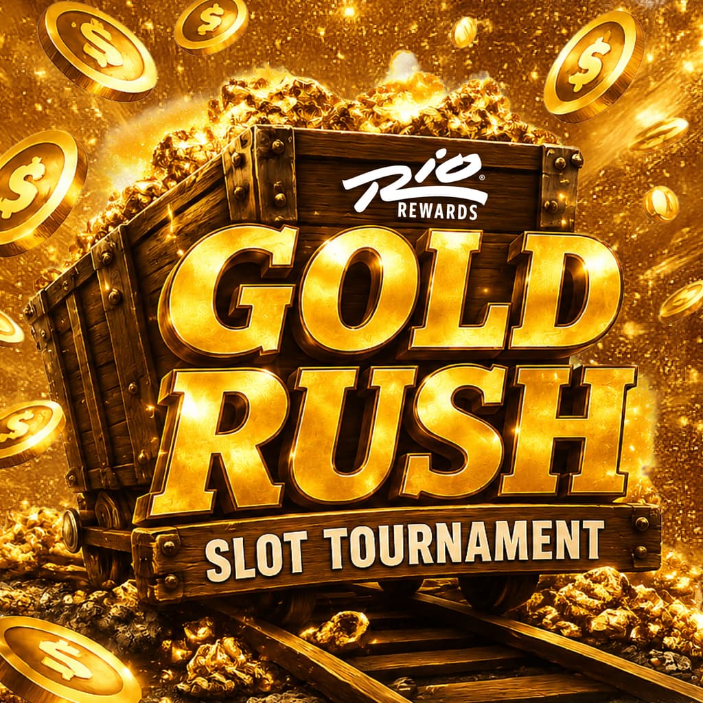 A track with a barrel of gold coins with the Rio Logo and name Gold Rush Slot Tournament
