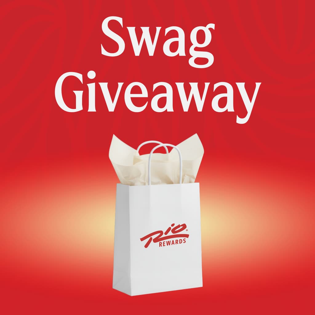 Red background with white gift bag that has the rio logo on it