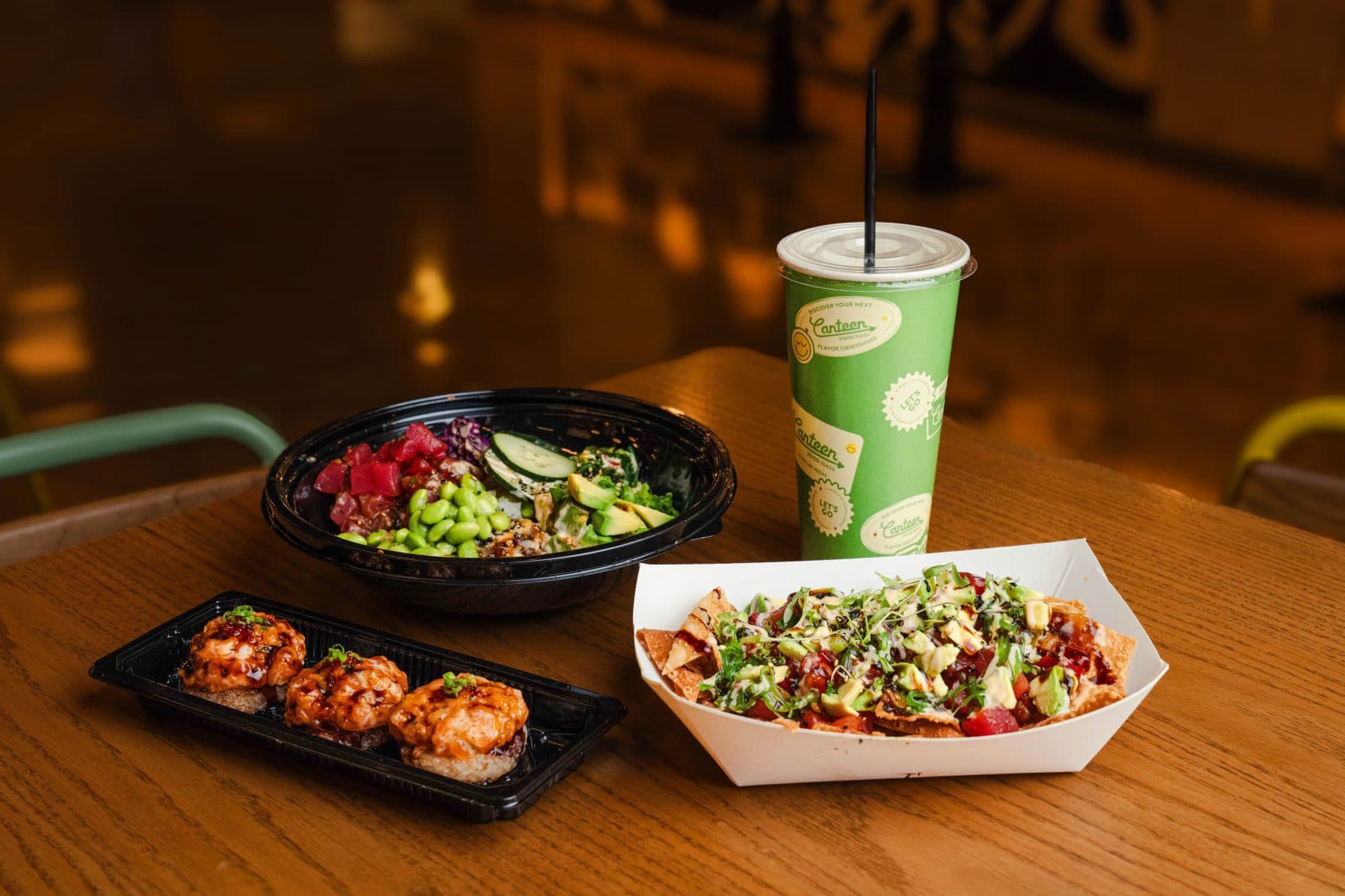 Poke Bowl and Poke Nachos with Drink